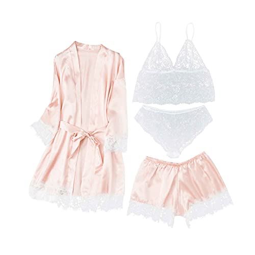 Damen 4Pc Schlafanzug Set Spitze Dessous NachtwäSche Set Bademantel Set Mit GüRtel Sexy Cami Top Slip Und Shorts Set Florales Spitzenbesatz Satin 4 StüCk Comfy Lounge-Set Nachthemd Set FüR Frauen von routinfly