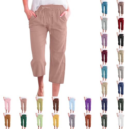 Damen 7/8 Haremshosen Baggy Leinenhose Einfarbig Capri Sporthose Sommer Arbeitshosen LäSsige Cargohose Klassischer Schnitt Laufshorts Bequem Freizeithose Jogginghose Leicht Yogahose Mit Taschen von routinfly