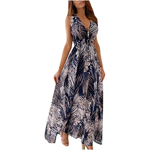 Damen Abendkleider Elegant FüR Hochzeit Sommerkleider Bohemian Maxi Kleider Lang Strandkleid Musselin Kleid Blumendrucken Oversize Sexy V-Ausschnitt Halfter ÄRmelloses Swing Maxikleid Cocktailkleid von routinfly