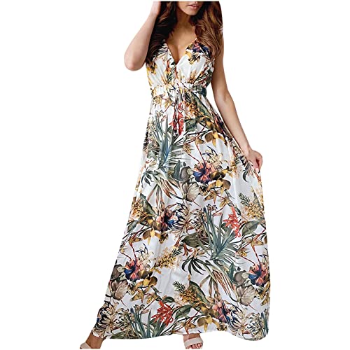 Damen Abendkleider Elegant FüR Hochzeit Sommerkleider Bohemian Maxi Kleider Lang Strandkleid Musselin Kleid Blumendrucken Oversize Sexy V-Ausschnitt Halfter ÄRmelloses Swing Maxikleid Cocktailkleid von routinfly