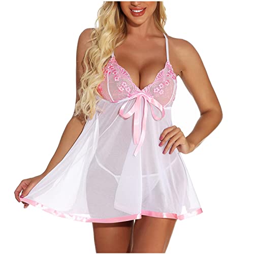 Damen Babydoll Dessous Nachthemd Sexy Negligee Tiefer V-Ausschnitt GroßE GrößEn Mesh NäHte Schlafkleid Spitze Stickerei Pyjamas Kurzes Mini Nachthemd RüSchensaum Bequeme Morgenmantel NachtwäSche von routinfly