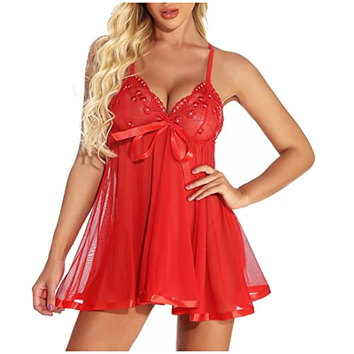 Damen Babydoll Dessous Nachthemd Sexy Negligee Tiefer V-Ausschnitt GroßE GrößEn Mesh NäHte Schlafkleid Spitze Stickerei Pyjamas Kurzes Mini Nachthemd RüSchensaum Bequeme Morgenmantel NachtwäSche von routinfly