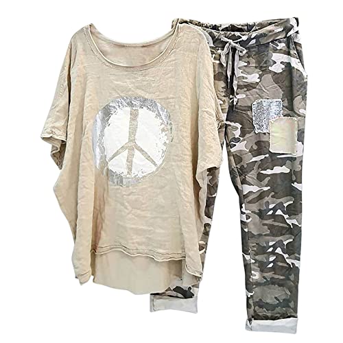 Damen Baumwolle Leinen Loungewear zweiteilige Anzüge Sommer lässig lockere Dame Rundhalsausschnitt Halbarm Pullover Oberteile Hemden + Camouflage lange Hosen Hosen Sets Outfuits Trainingsanzüge von routinfly