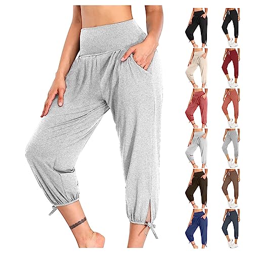 Damen Caprihose Yogahose Basic Casual Sommerhose Freizeithose Stretch Hohe Taille Baggy Hose Stylish Workout Sweathose 3/4 Cargo Shorts Damen Comfy Lounge Jogginghose Mit Taschen Running Hose von routinfly