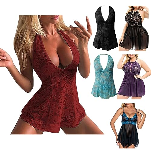 Damen Dessous Sexy Negligee Spitzen Nachthemd V-Ausschnitt Sexy Schlafkleid Babydoll Nachtkleid Kurze Nachthemd Erotische Dessous Bequem Durchsichtig NachtwäSche SpitzenunterwäSche Erotik-NachtwäSche von routinfly