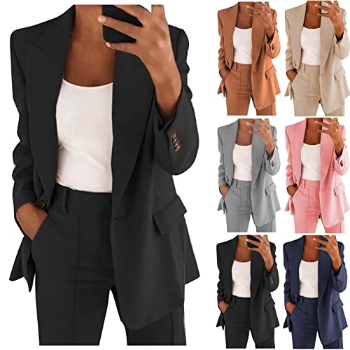 Damen Elegant Anzüge 2 Stück Mode Lose Anzug Set mit Blazer Langarm Revers Blazer + High Waist Hose mit Taschen Sommer Outfits für Frauen 2023 Stylish Business Work Office 2 Pcs Bequem Hosen Anzug von routinfly