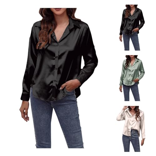 Damen Hemden Bluse Satin Langarm Freizeithemd BüRo Arbeit Bluse Tops Mode Dreesy Ausgehen Urlaub T Shirt Soft Comfy Elegante Tunika Top Sexy V Ausschnitt Knopf Hemd Lose Revers Pullover von routinfly