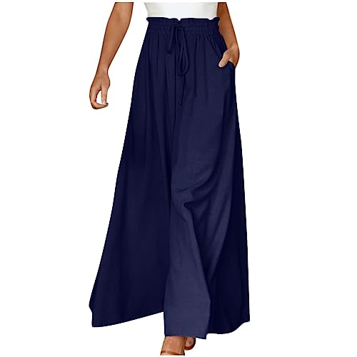 Damen Hosen Weite Beine Leichte Sommerhose Elegant Strandhose Elastischer Hoher Taille Kordelzug Palazzo Hose Weit Geschnittene Casual Plain Hosen FüR Frauen Loose Fit Ausgestellte Hose Mit Taschen von routinfly