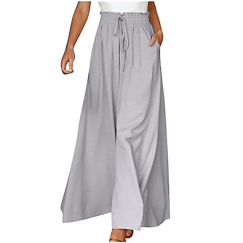 Damen Hosen Weite Beine Leichte Sommerhose Elegant Strandhose Elastischer Hoher Taille Kordelzug Palazzo Hose Weit Geschnittene Casual Plain Hosen FüR Frauen Loose Fit Ausgestellte Hose Mit Taschen von routinfly