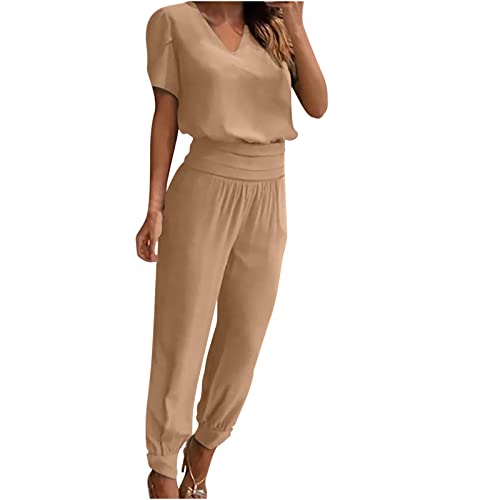 Damen Hosenanzug 2 Stück Kurzarm Hosen Set Zweiteiliges Elegantes Sommer Set Bluse+Hose Sets hohe Taille Lockeres Outfit Mode Dressy V Neck Solid Shirt+Hose Trainingsanzüge Bequem Atmungsaktiv von routinfly