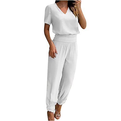 Damen Hosenanzug 2 Stück Kurzarm Hosen Set Zweiteiliges Elegantes Sommer Set Bluse+Hose Sets hohe Taille Lockeres Outfit Mode Dressy V Neck Solid Shirt+Hose Trainingsanzüge Bequem Atmungsaktiv von routinfly