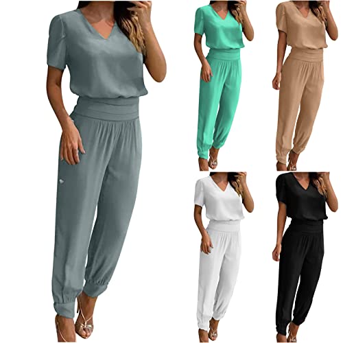 Damen Hosenanzug 2 Stück Kurzarm Hosen Set Zweiteiliges Elegantes Sommer Set Bluse+Hose Sets hohe Taille Lockeres Outfit Mode Dressy V Neck Solid Shirt+Hose Trainingsanzüge Bequem Atmungsaktiv von routinfly