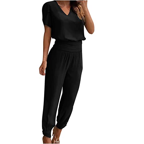 Damen Hosenanzug 2 Stück Kurzarm Hosen Set Zweiteiliges Elegantes Sommer Set Bluse+Hose Sets hohe Taille Lockeres Outfit Mode Dressy V Neck Solid Shirt+Hose Trainingsanzüge Bequem Atmungsaktiv von routinfly