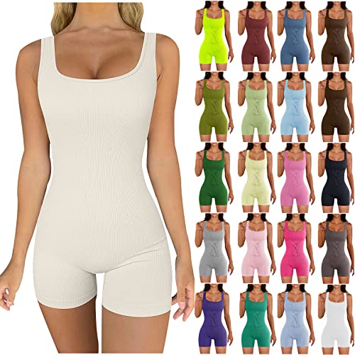 Damen Jumpsuit Damen Kurzer Enger Yoga Bodysuit Elegant Sexy Ärmellos Tank Top Overall Sommer Stretch Nahtlos Bodycon Playsuit Bund Quadrat Hals Kurz Romper Trainingsanzug Fitness Outfit Gym Kurz von routinfly