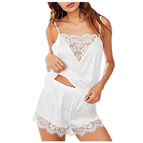 Damen Pyjama Set 2 Stück Sexy Nachtwäsche Damen Elegante Zweiteilige Home Anzug Ärmelloses Top Shorts Loungewear Spitze Rüschen Sommer Weiches Negligee Solide Nachtwäsche Strapsweste Anzug von routinfly