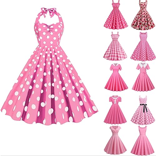 Damen Rosa Kleid Elegantes Hochzeitskleid Vintage 50S Partykleid Strandkleid Freizeitkleid Halloween Party Kostüm Film Fancy Dress Cocktailkleid Sommer Sexy Kleid Rosa Barbies Kleid Wickelkleid von routinfly