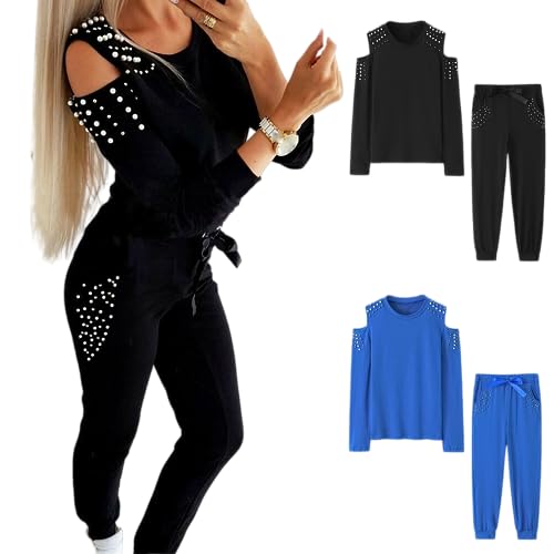 Damen Set Sexy Mit Perlen Besetzt Einfarbig Rundhalsausschnitt Langarm Fräulein Freizeit LangäRmelig Hosen Set Damen 2 Teiliges Freizeit Trainingsanzug Outfit Set Sportanzug Jogger Loungewear Set von routinfly