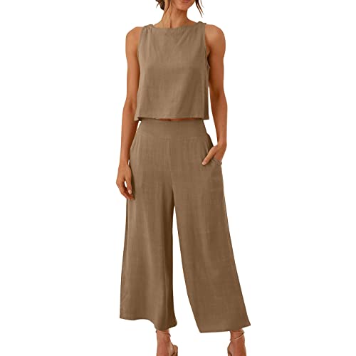 Damen Sets 2 StüCk Outfits LäSsig Baumwolle Leinen Frauen AnzüGe Dressy Elegante Sommer Crop Top& Wide Leg Pants TrainingsanzüGe Mode Buttons Down Solide Sets 2023 Weich Atmungsaktiv Anzug Pockes von routinfly