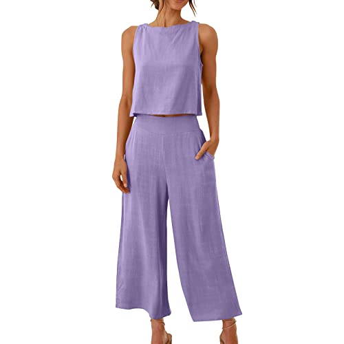 Damen Sets 2 StüCk Outfits LäSsig Baumwolle Leinen Frauen AnzüGe Dressy Elegante Sommer Crop Top& Wide Leg Pants TrainingsanzüGe Mode Buttons Down Solide Sets 2023 Weich Atmungsaktiv Anzug Pockes von routinfly