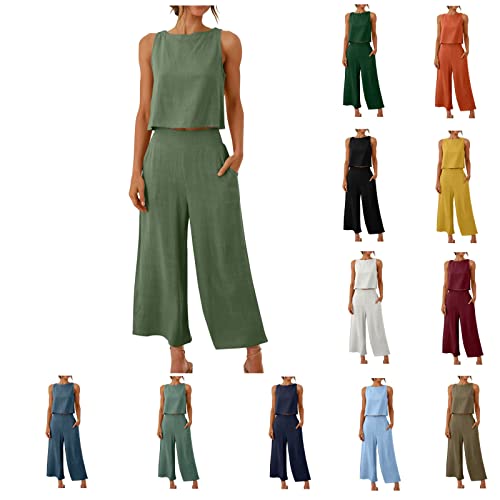 Damen Sets 2 StüCk Outfits LäSsig Baumwolle Leinen Frauen AnzüGe Dressy Elegante Sommer Crop Top& Wide Leg Pants TrainingsanzüGe Mode Buttons Down Solide Sets 2023 Weich Atmungsaktiv Anzug Pockes von routinfly