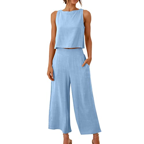 Damen Sets 2 StüCk Outfits LäSsig Baumwolle Leinen Frauen AnzüGe Dressy Elegante Sommer Crop Top& Wide Leg Pants TrainingsanzüGe Mode Buttons Down Solide Sets 2023 Weich Atmungsaktiv Anzug Pockes von routinfly