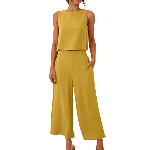 Damen Sets 2 StüCk Outfits LäSsig Baumwolle Leinen Frauen AnzüGe Dressy Elegante Sommer Crop Top& Wide Leg Pants TrainingsanzüGe Mode Buttons Down Solide Sets 2023 Weich Atmungsaktiv Anzug Pockes von routinfly