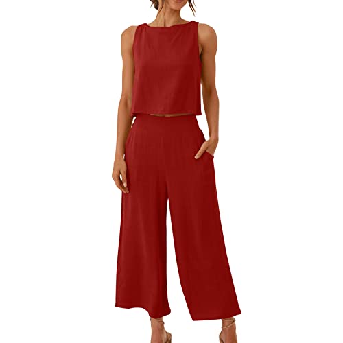 Damen Sets 2 StüCk Outfits LäSsig Baumwolle Leinen Frauen AnzüGe Dressy Elegante Sommer Crop Top& Wide Leg Pants TrainingsanzüGe Mode Buttons Down Solide Sets 2023 Weich Atmungsaktiv Anzug Pockes von routinfly