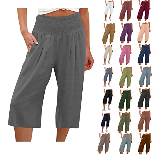 Damen Shorts LäSsig Sommer Sport Workout Hose 3/4 Capri Hose Elastische Taille Baumwoll-Leinen Shorts Solid Wide Leg Cropped Pants Jogginghose Freizeithose Loose Fit Comfy Gym Straight Pants von routinfly