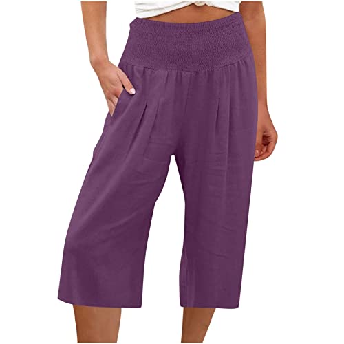 Damen Shorts LäSsig Sommer Sport Workout Hose 3/4 Capri Hose Elastische Taille Baumwoll-Leinen Shorts Solid Wide Leg Cropped Pants Jogginghose Freizeithose Loose Fit Comfy Gym Straight Pants von routinfly