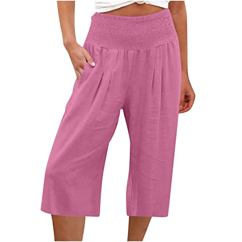 Damen Shorts LäSsig Sommer Sport Workout Hose 3/4 Capri Hose Elastische Taille Baumwoll-Leinen Shorts Solid Wide Leg Cropped Pants Jogginghose Freizeithose Loose Fit Comfy Gym Straight Pants von routinfly