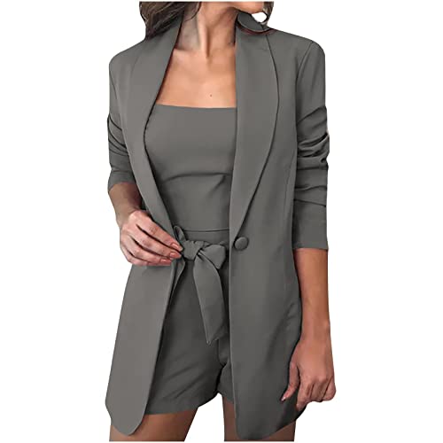 Damen Sommer Anzug Set Outfit 3 StüCk Lange ÄRmel Revers Blazer+Sexy Einfarbige Cami Weste + LäSsige Shorts 3Pc Anzug Hoher Taille Shorts Mit GüRtel Taschen Stilvolle Business Arbeit BüRo Anzug Set von routinfly