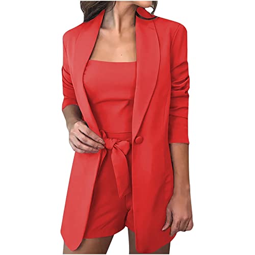 Damen Sommer Anzug Set Outfit 3 StüCk Lange ÄRmel Revers Blazer+Sexy Einfarbige Cami Weste + LäSsige Shorts 3Pc Anzug Hoher Taille Shorts Mit GüRtel Taschen Stilvolle Business Arbeit BüRo Anzug Set von routinfly