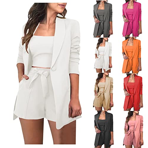 Damen Sommer Anzug Set Outfit 3 StüCk Lange ÄRmel Revers Blazer+Sexy Einfarbige Cami Weste + LäSsige Shorts 3Pc Anzug Hoher Taille Shorts Mit GüRtel Taschen Stilvolle Business Arbeit BüRo Anzug Set von routinfly