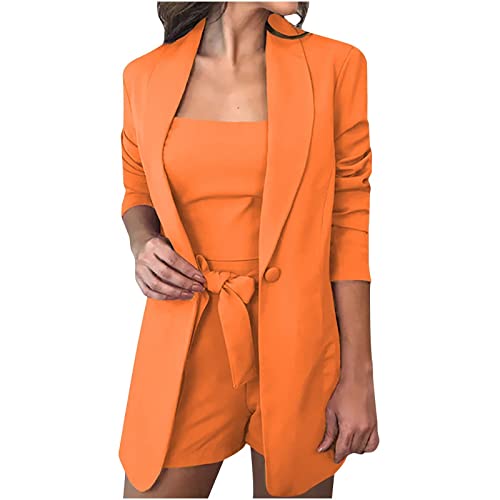 Damen Sommer Anzug Set Outfit 3 StüCk Lange ÄRmel Revers Blazer+Sexy Einfarbige Cami Weste + LäSsige Shorts 3Pc Anzug Hoher Taille Shorts Mit GüRtel Taschen Stilvolle Business Arbeit BüRo Anzug Set von routinfly