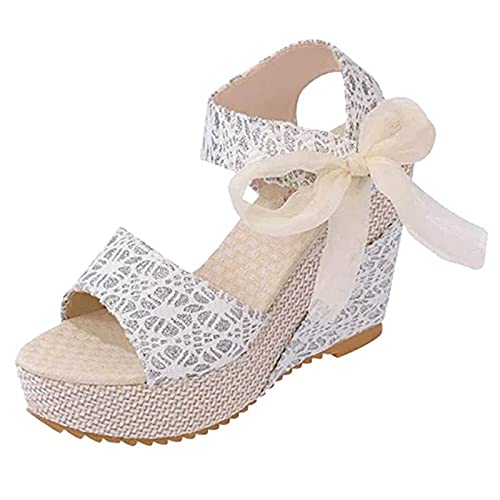 Damen Sommer Elegante Hochzeit Spitze Sandale Dicke Sohle Magische Aufkleber Schuhe Ultraleichte Bequeme Hochhackige Plattform Pantoletten Offene Zehe Keil Peep Toe Slingback Strand Sandalen von routinfly