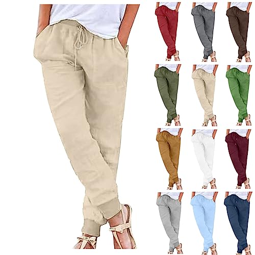 Damen Sommer Mode Freizeithose Baumwoll Leinen Entspannte Hosen Konisch Zulaufende Hosen Taille Hose Mit Kordelzug Hinten Hoch Tailliert Reine Farbe Business Arbeit Lose Bequeme hosen Mit Tasche von routinfly