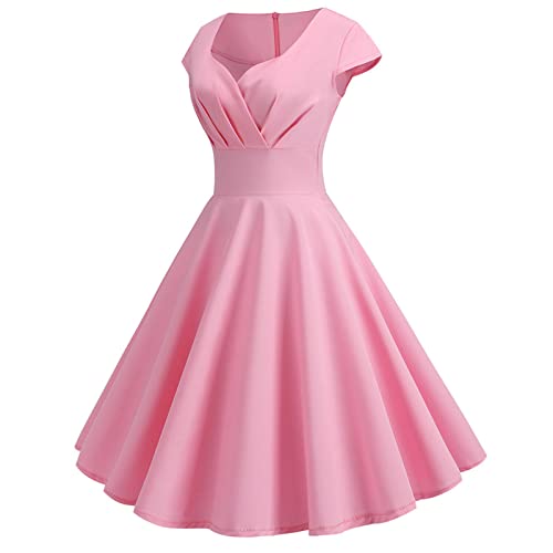 Damen Sommerkleid 1950S Vintage Rockabilly Cocktail Kleid Sexy V Ausschnitt Solide LäSsig Kurzarm Mini Kleid A Line Swing Kleid Plissiert Midi Kleid Hochzeit Brautjungfer Kleider von routinfly