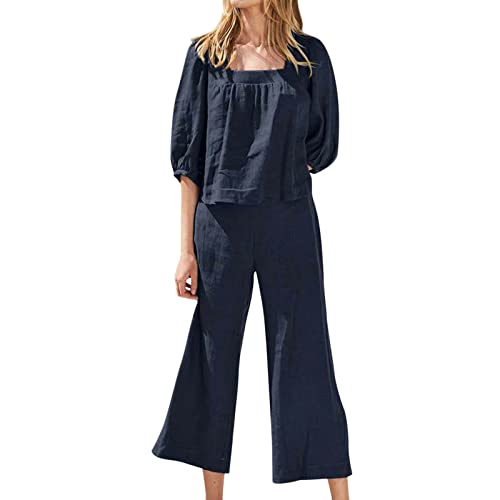 Damen-Tops aus Baumwolle Leinen 2er-Sets Sommer lässige Mode eckiger Ausschnitt 3/4-Ärmel Crop-Bluse + weites Bein lange Hose bequem Sofy Outdoor-Sport, Yoga, Arbeit, Zuhause Outfit passt lässig von routinfly