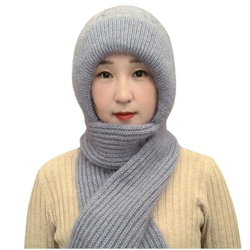 Damen Winddicht Mütze Halstuch Set, Verbunden Gehörschutz Winter Hut Schal, Warm Gehörschutz Beanie Schal, Elastisch Gestrickte Mütze Integrierter Warm Schal, Kaltwetter Sets für Frauen (A, Grau) von routinfly