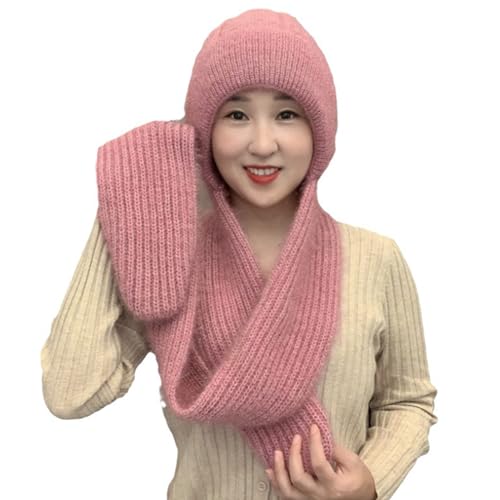 Damen Winddicht Mütze Halstuch Set, Verbunden Gehörschutz Winter Hut Schal, Warm Gehörschutz Beanie Schal, Elastisch Gestrickte Mütze Integrierter Warm Schal, Kaltwetter Sets für Frauen (A, Rosa) von routinfly