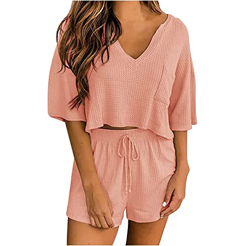 Damen Zweiteiliges Set Damen Elegant Sexy Shorts Anzug Damen Sexy 2 Teiliges Hosen Set Sommer Kurzärmeliges Crop Top+Shorts Set Waffel V Ausschnitt Mode Casual Anzug Sportliches Outfit Streetwear von routinfly