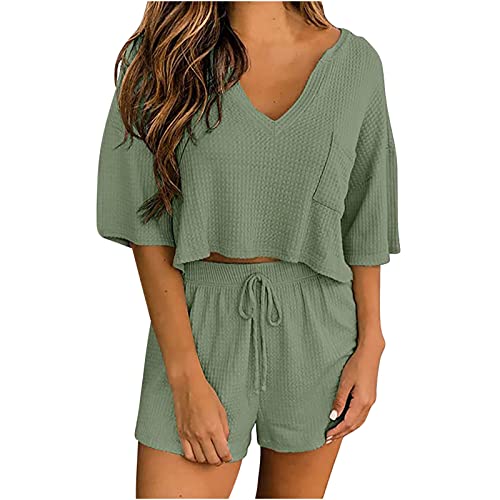 Damen Zweiteiliges Set Damen Elegant Sexy Shorts Anzug Damen Sexy 2 Teiliges Hosen Set Sommer Kurzärmeliges Crop Top+Shorts Set Waffel V Ausschnitt Mode Casual Anzug Sportliches Outfit Streetwear von routinfly