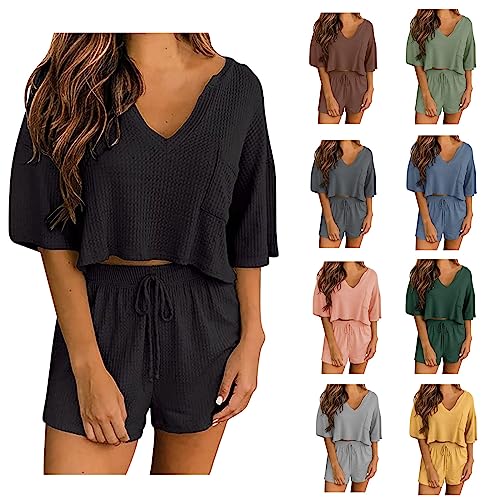 Damen Zweiteiliges Set Damen Elegant Sexy Shorts Anzug Damen Sexy 2 Teiliges Hosen Set Sommer Kurzärmeliges Crop Top+Shorts Set Waffel V Ausschnitt Mode Casual Anzug Sportliches Outfit Streetwear von routinfly