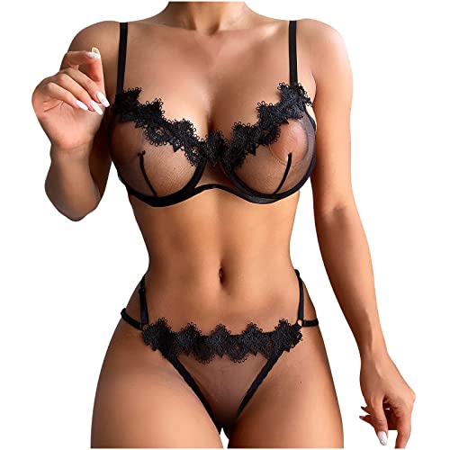 Dessous Damen Sexy UnterwäSche Set 2PC NachtwäSche Babydolls Negligees Dessous Set Durchsichtige Bh + Tanga UnterwäSche Flirty ReizwäSche Sexy Spitzen Push Up Bh Slip ReizwäSche Set Lingerie Outfit von routinfly