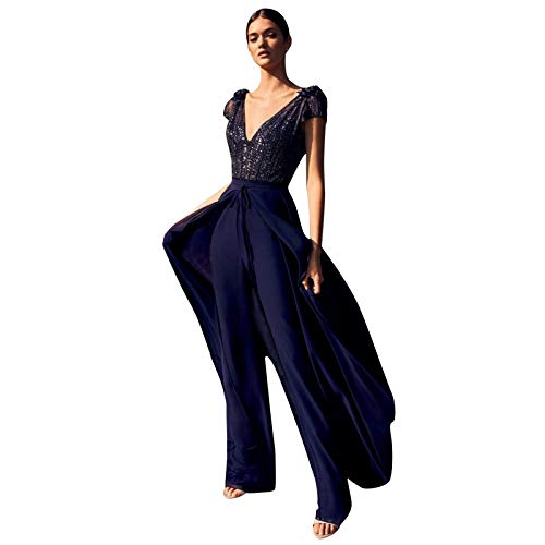 Elegantes Jumpsuits-Kleid für Frauen Sommer V-Ausschnitt ärmellose Party-Damenkleider glitzernde Pailletten-Netzgarn-Spleisskleider von routinfly