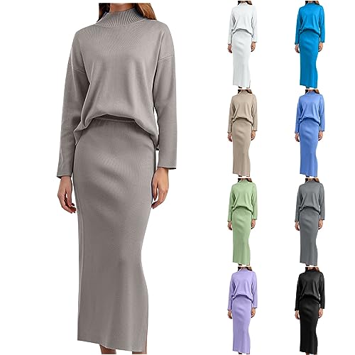 Fräulein 2 Teiliges Herbst Pullover Set FüR Damen Warmer Rippstrick LangäRmliger Rock LäSsige Outfits Kleid Rundhalsausschnitt Weites Bein Hose Farbe Schlitz Lockere Passform Modisches Pullover Set von routinfly