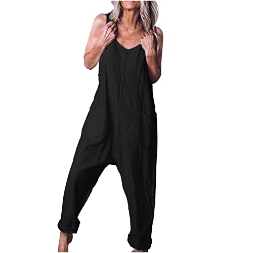 Frauen Casual Loose V Neck Sleeveless Jumpsuits Onesie Fp Dupes Romper Leinen Lightweight Wide Leg Baggy Jumpsuits Sexy Dressy Adjustable Spaghetti Strap Plus Size Pants Low Cut Jumpsuit von routinfly