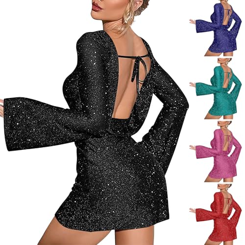 Glitzerndes Paillettenkleid Elegantes LangäRmeliges Glitzerkleid Sexy Partykleid Abendkleid Cocktailkleid Clubkleid RüCkenfreie Krawatte Mini Kleid Festliches Kleid GläNzende Ballkleider Bodycon Kleid von routinfly