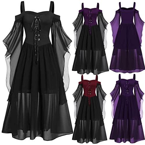 Halloween Damen Mittelalter Kostüm Übergröße A Linie Schnüren Maxi Kleider mit Schmetterlingsärmeln Festliches Vintage Elegantes Rüschen Schwarz Hexenkleid Cosplay Festival Party Cocktail Kostüme von routinfly