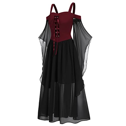 Halloween Damen Mittelalter Kostüm Übergröße A Linie Schnüren Maxi Kleider mit Schmetterlingsärmeln Festliches Vintage Elegantes Rüschen Schwarz Hexenkleid Cosplay Festival Party Cocktail Kostüme von routinfly